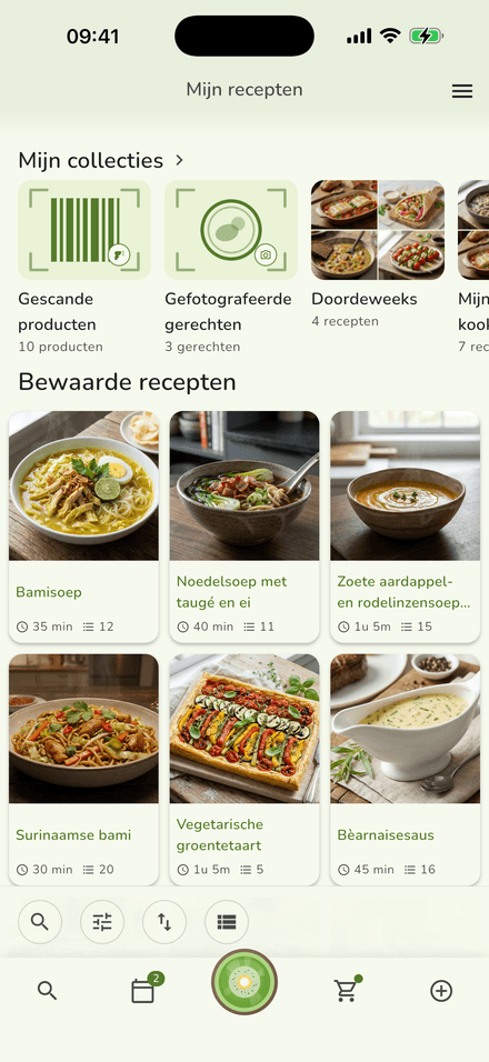 De KiWi Recipes-bibliotheek op een iPhone